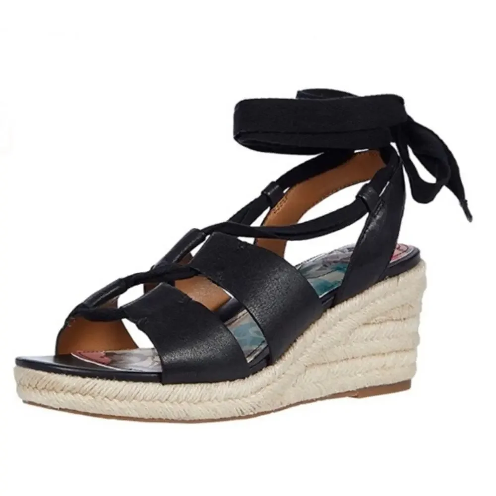 Patricia Nash Riva Wedge Espadrille Black Lace Up Ankle Wrap Sandals Women’s 10